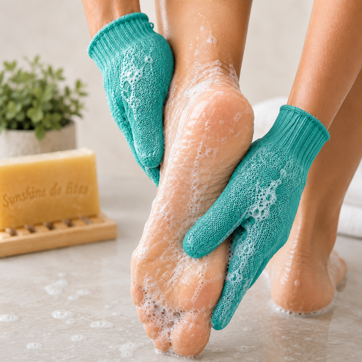 exfoliating gloves on feet for soft soles